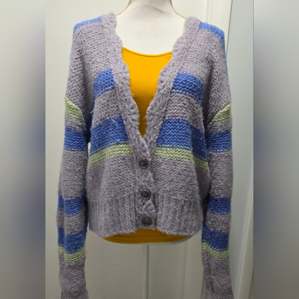 Free People Size S Fine Time Stipe Button V Neck Oversized Wool Alpaca Cardigan